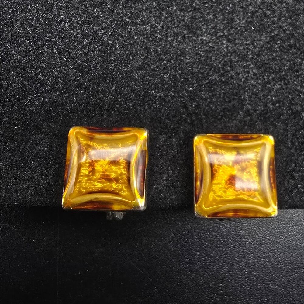 Monet Brown Enamel Square Clip On Earrings Vintage Costume Jewelry
